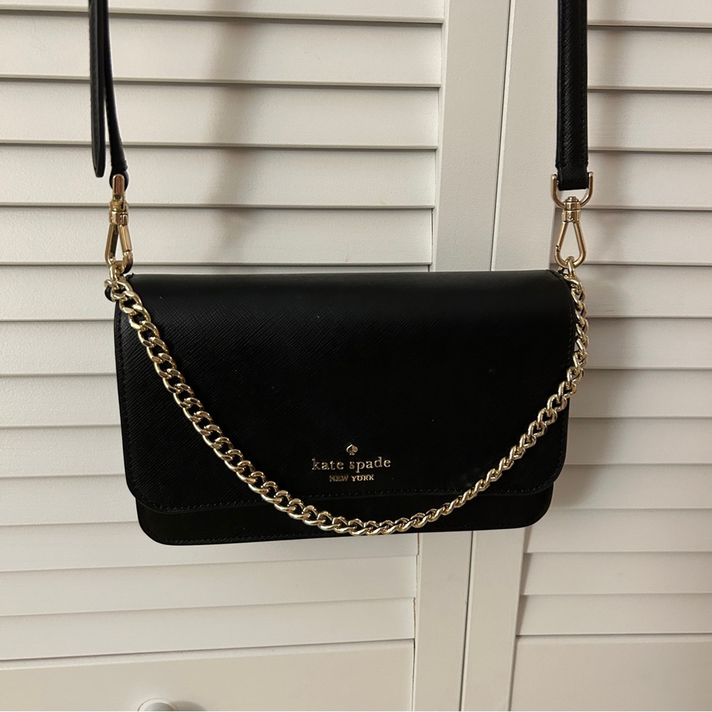 Kate Spade Madison Medium Flap Crossbody Bag - Leather, Black & Gold
